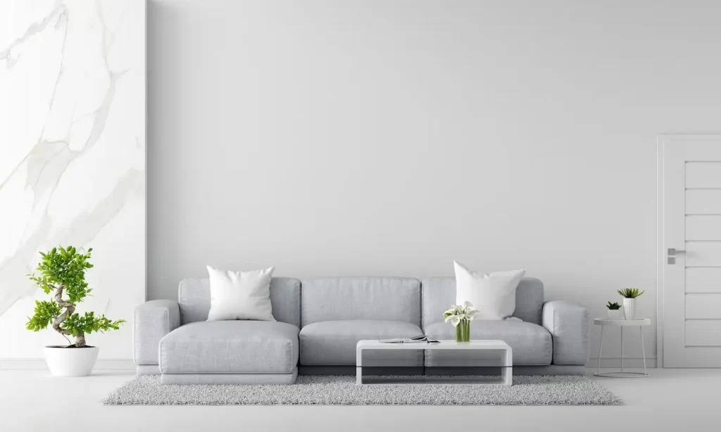The dominant gray color in the living room