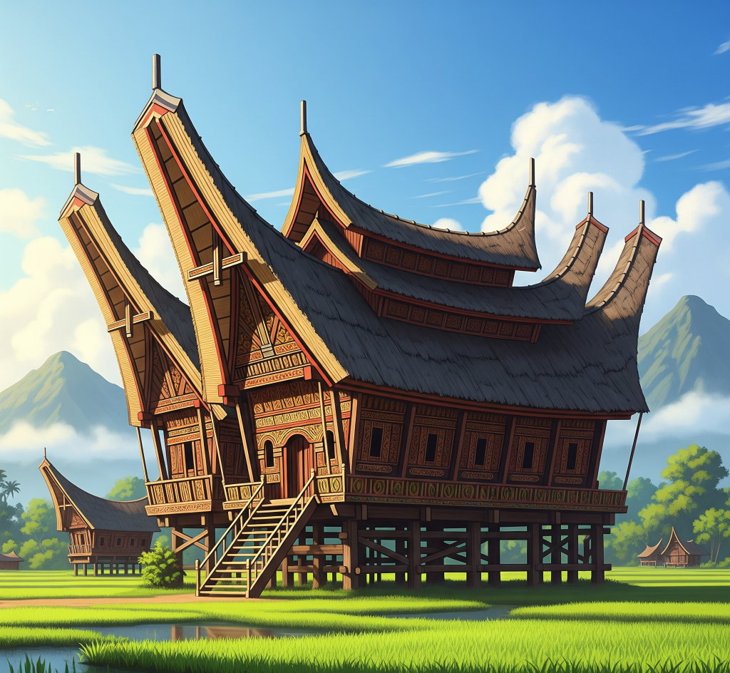 Ilustrasi realistis arsitektur vernakular Rumah Gadang dengan ukiran rumit di dinding, berlatar pegunungan berkabut dan sawah yang hijau.