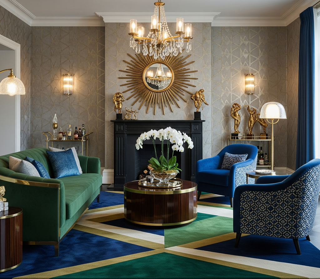 Interior art deco ruang tamu yang elegan dengan wallpaper abu-abu bermotif, lampu kristal, dan karpet geometris berwarna-warni.