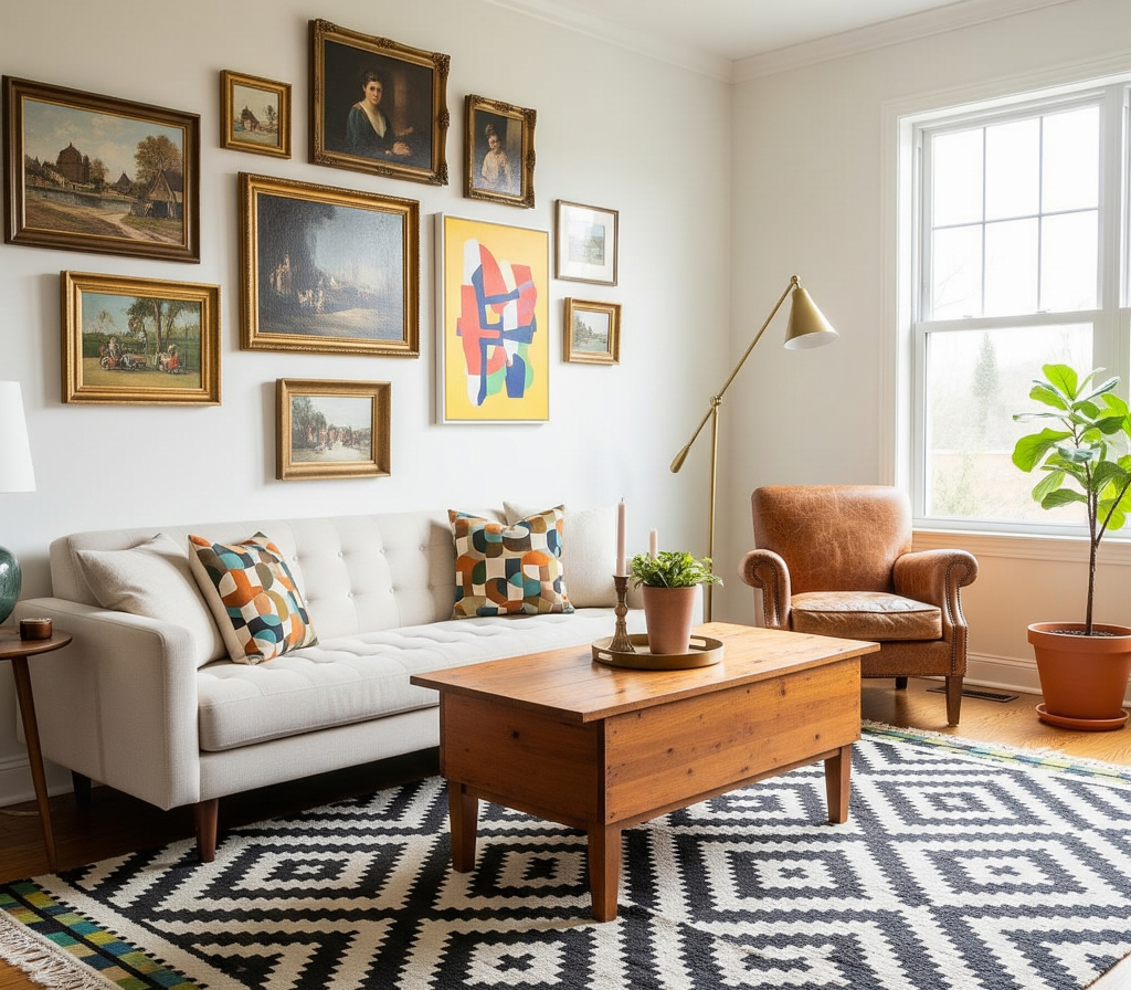 Potret ruang tamu dengan konsep vintage modern yang hangat, menampilkan galeri dinding seni klasik dan modern di atas sofa berwarna terang, dengan meja kopi kayu dan kursi berlengan kulit.