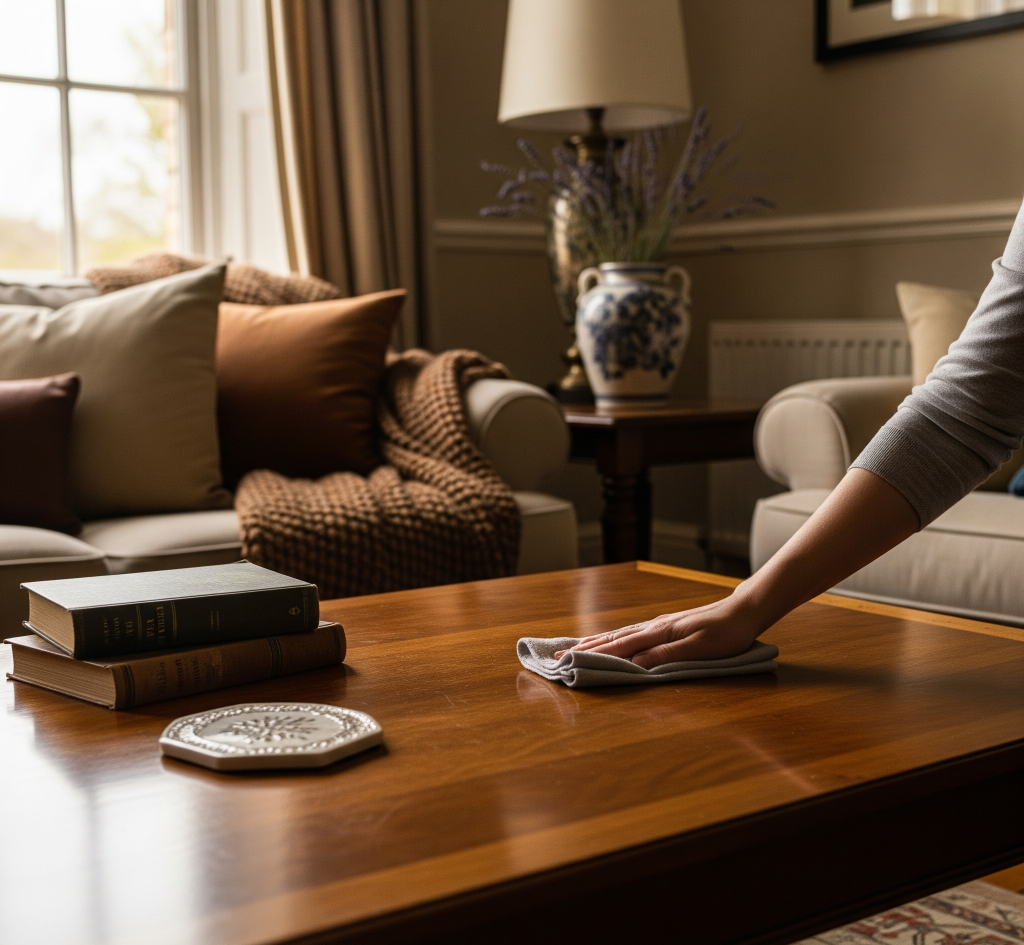Meja kopi kayu di ruang tamu dengan buku dan tatakan gelas, sedang dibersihkan dengan kain, sebagai contoh cara merawat furnitur kayu.