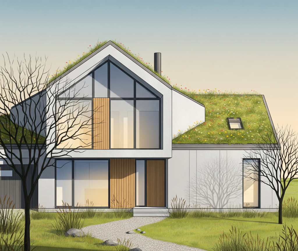 Ilustrasi arsitektur dari rumah pasif modern dengan atap hijau, jendela besar, dan lanskap yang sederhana.
