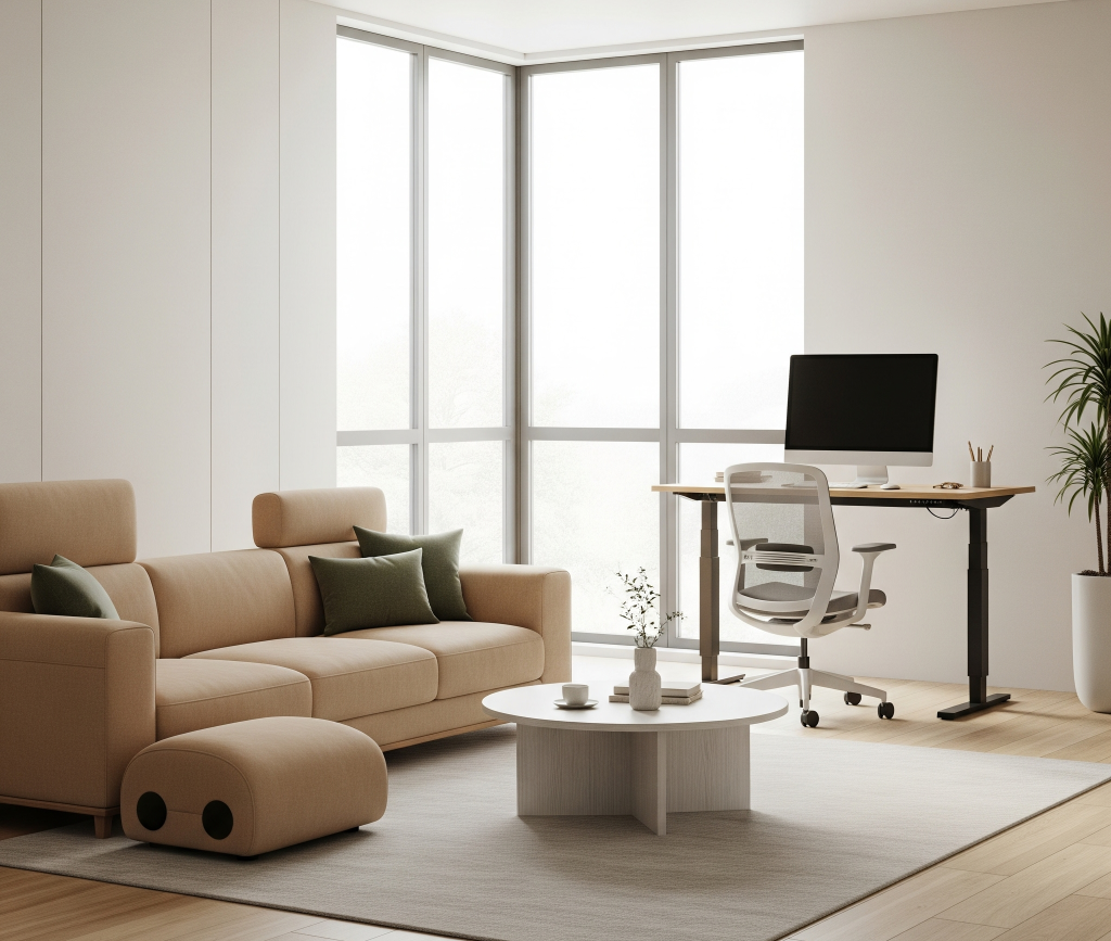 Interior ruang tamu minimalis modern dengan fokus pada desain ergonomis, menampilkan sofa yang nyaman dengan dukungan punggung dan meja kerja berdiri yang dapat disesuaikan.