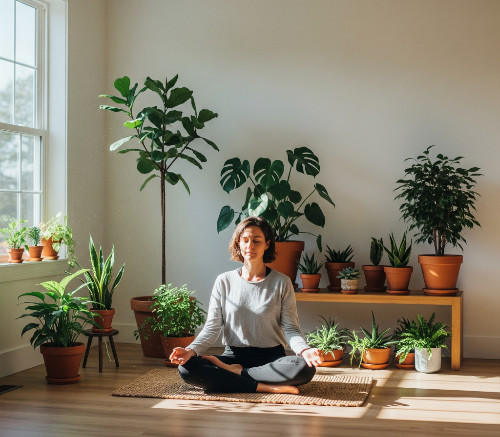 Ilustrasi mindful living, seseorang bermeditasi dengan damai di ruangan yang diterangi matahari dengan banyak tanaman pot, menciptakan suasana yang tenang.