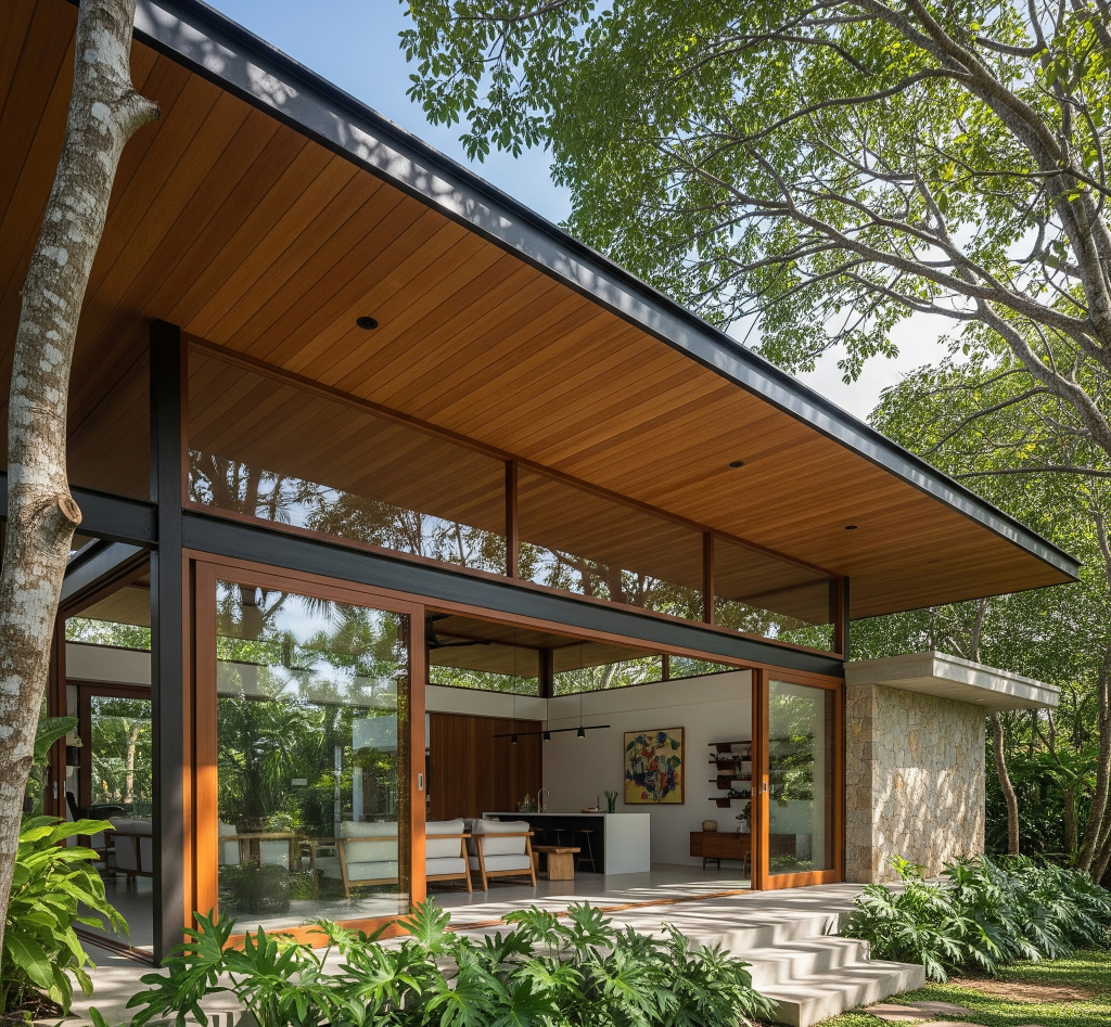 Sebuah rumah modern di iklim tropis dengan arsitektur bioklimatik, atap lebar, dan jendela terbuka yang terintegrasi dengan alam.