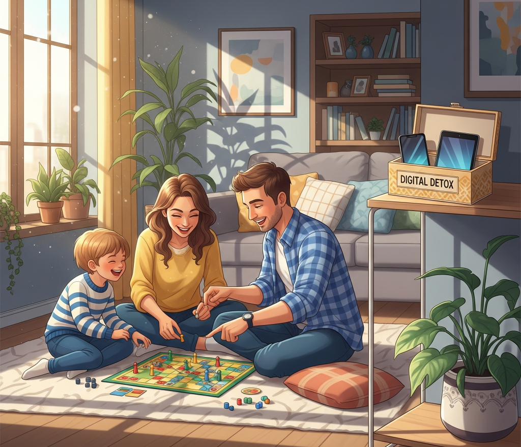 Gambar digital yang menunjukkan keluarga bersenang-senang saat bermain permainan papan di ruang tamu yang cerah, dengan perangkat digital di dalam kotak berlabel "Digital Detox" di rak terdekat.