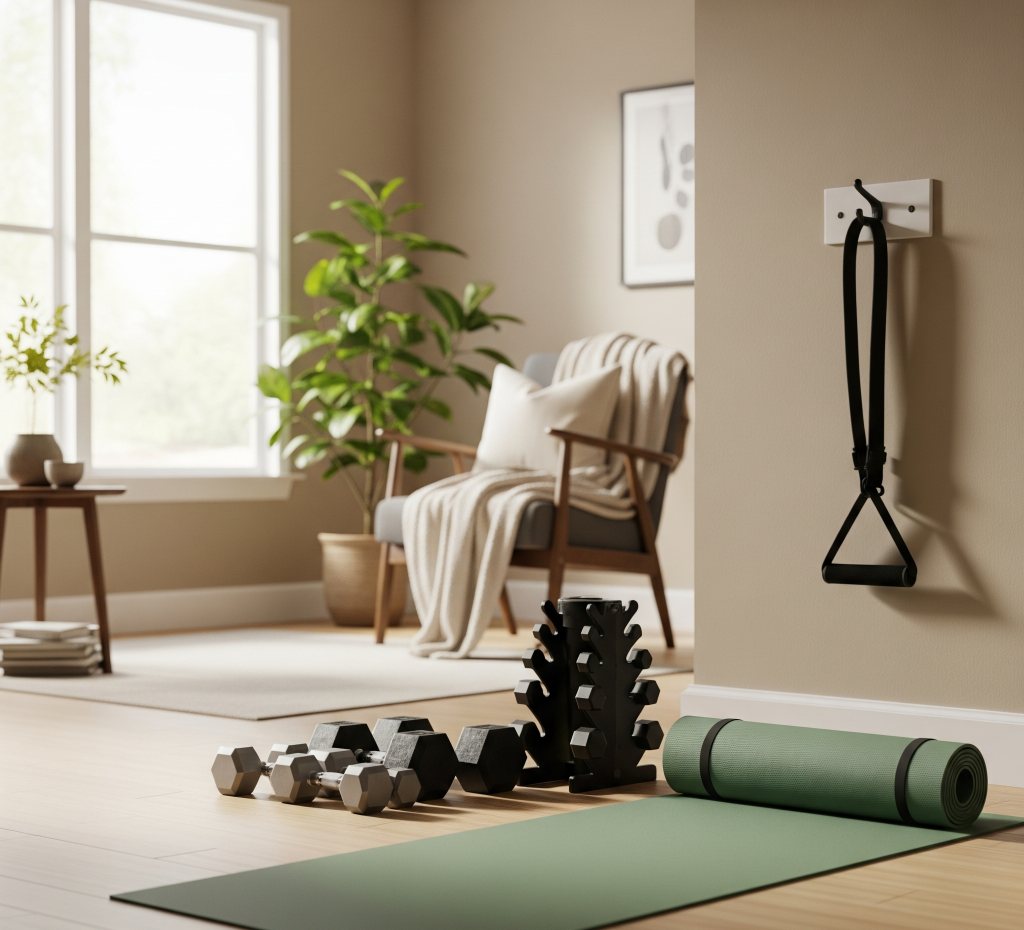 Ruang latihan alat gym di rumah yang damai dan tertata rapi dengan matras yoga hijau, rak dumbbell, dan resistance band, berlatar belakang ruang tamu yang terang.