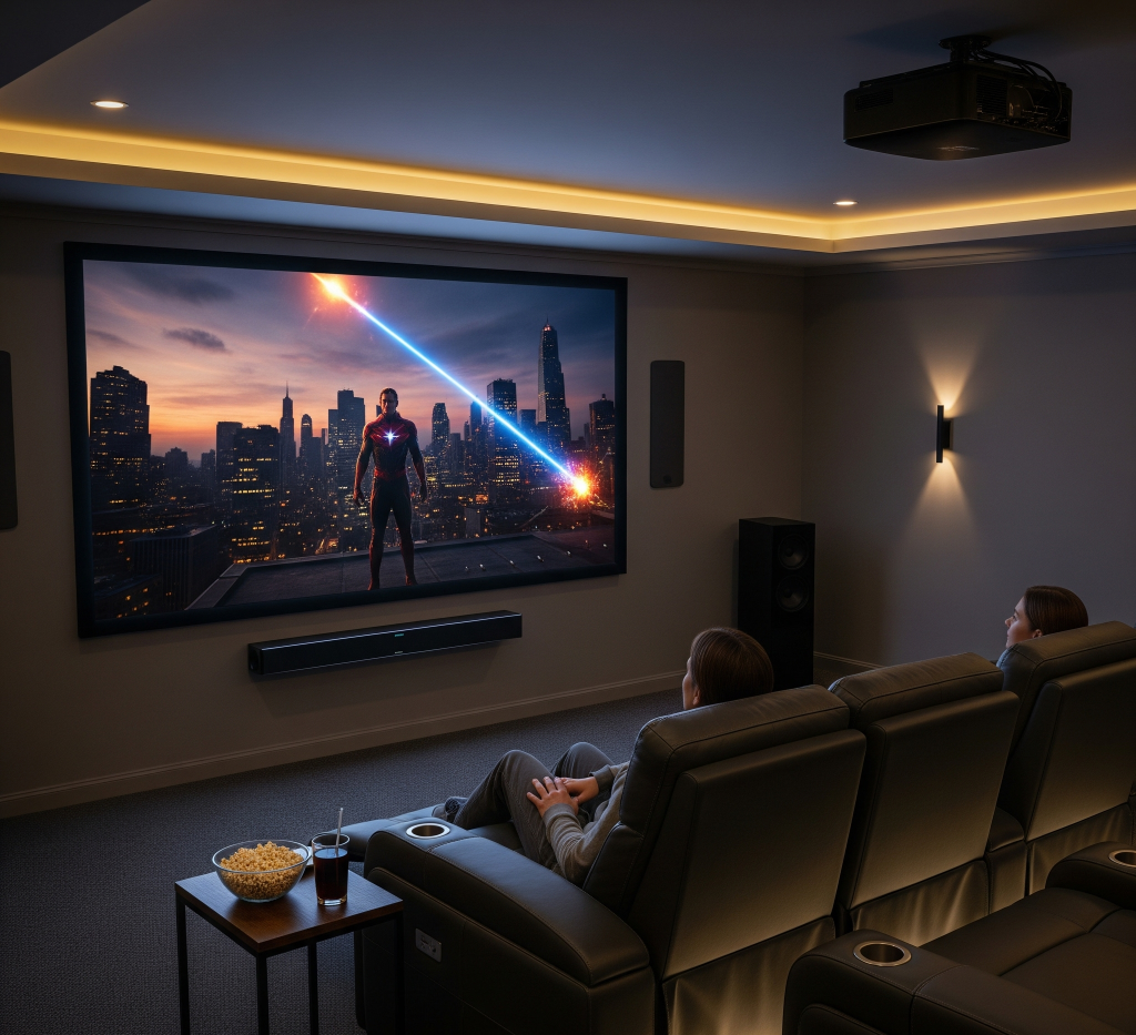Dua orang menonton film aksi di home theater pribadi mereka dengan kursi reclining dan popcorn. Dapatkan tips home theater terbaik di sini.