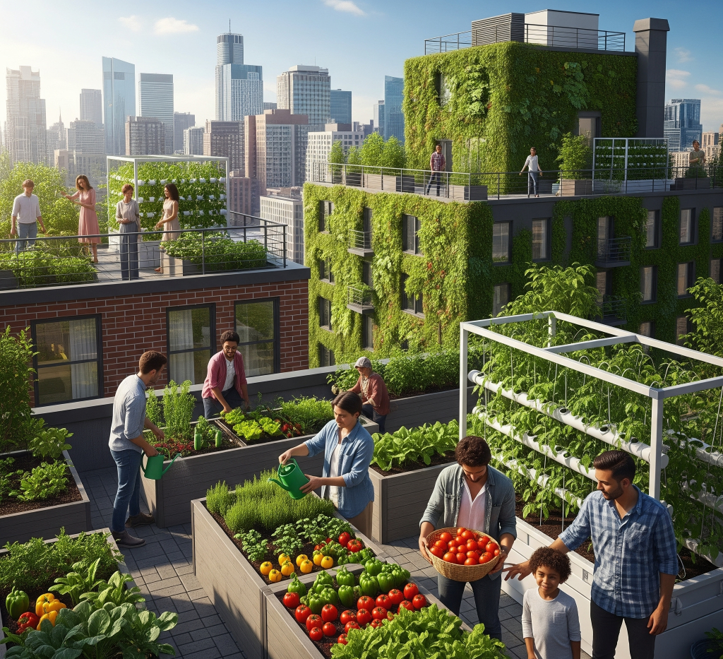 Pemandangan urban farming yang ramai di atap gedung, di mana orang-orang berinteraksi sambil mengurus kebun di raised bed dan sistem hidroponik.
