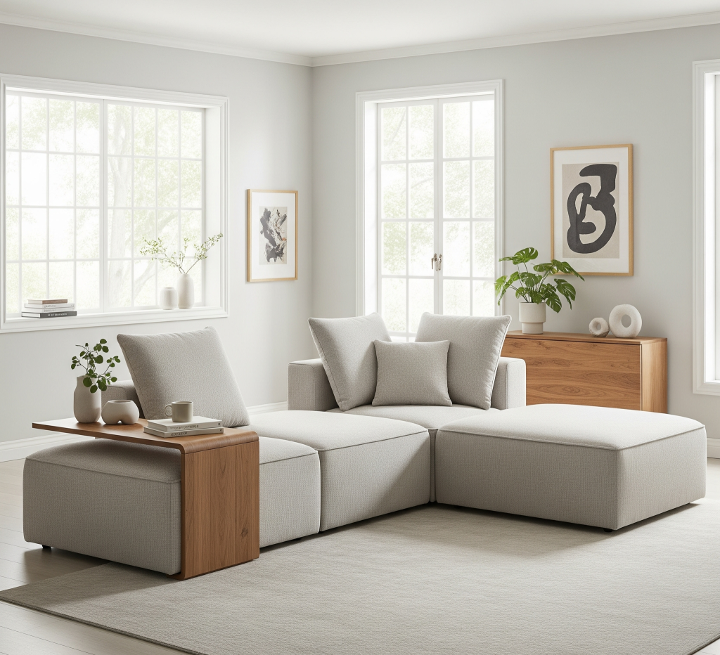 Furnitur modular krem berbentuk L dengan meja samping kayu dan sandaran yang bisa disesuaikan, ditempatkan di ruang tamu minimalis yang terang.