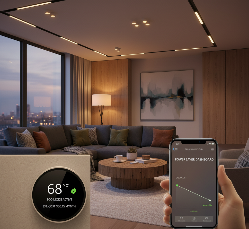 Interior apartemen mewah yang nyaman dengan pencahayaan LED lembut. Termostat pintar dan aplikasi pemantauan energi di ponsel menonjolkan komitmen pada efisiensi biaya listrik dan rumah cerdas.