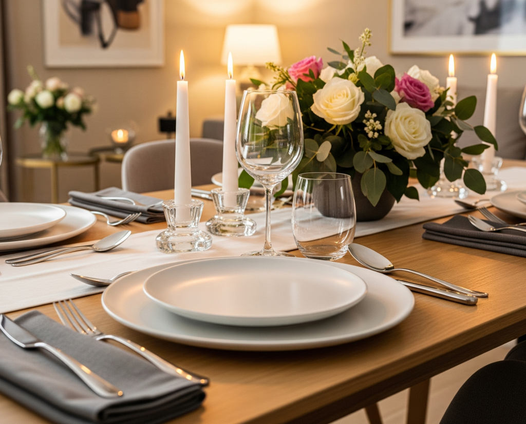 Menata meja makan dengan sentuhan modern minimalis, menampilkan piring, gelas, dan peralatan makan yang rapi, dilengkapi dengan bunga dan lilin untuk suasana yang menawan.