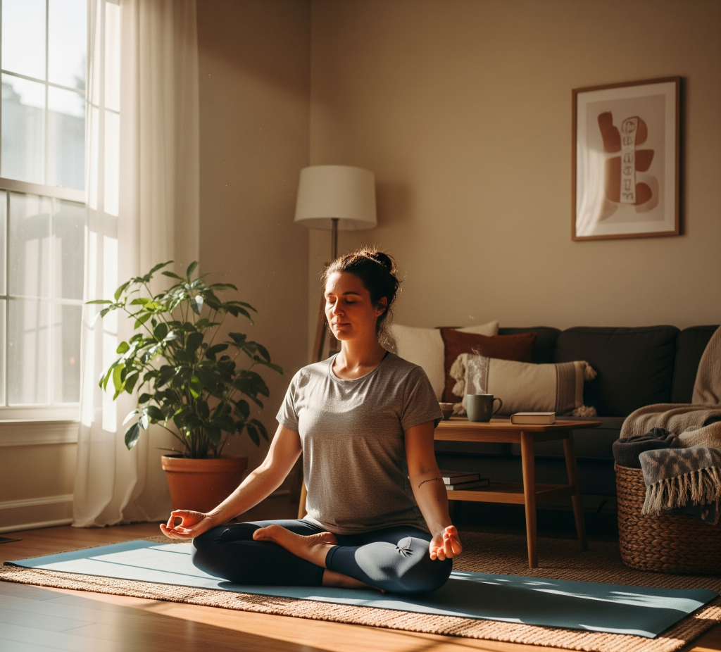 Wanita melakukan pose yoga di rumah di atas matras biru di ruang tamu yang nyaman dengan cahaya matahari, cocok untuk sesi yoga di rumah yang damai.