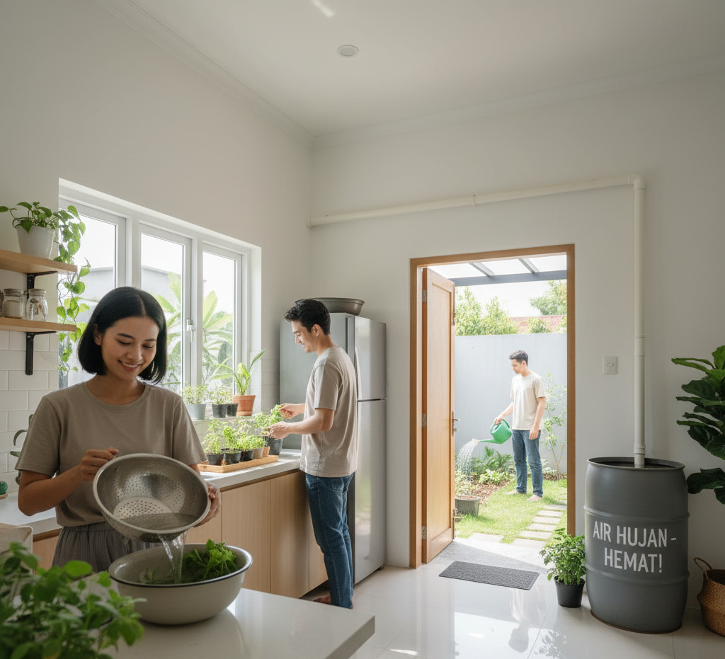 Pasangan sedang memanfaatkan air bekas cucian untuk menyiram tanaman di dapur, dan di luar, seorang pria menyiram taman dengan air hujan. Ini menunjukkan cara menghemat air di rumah.