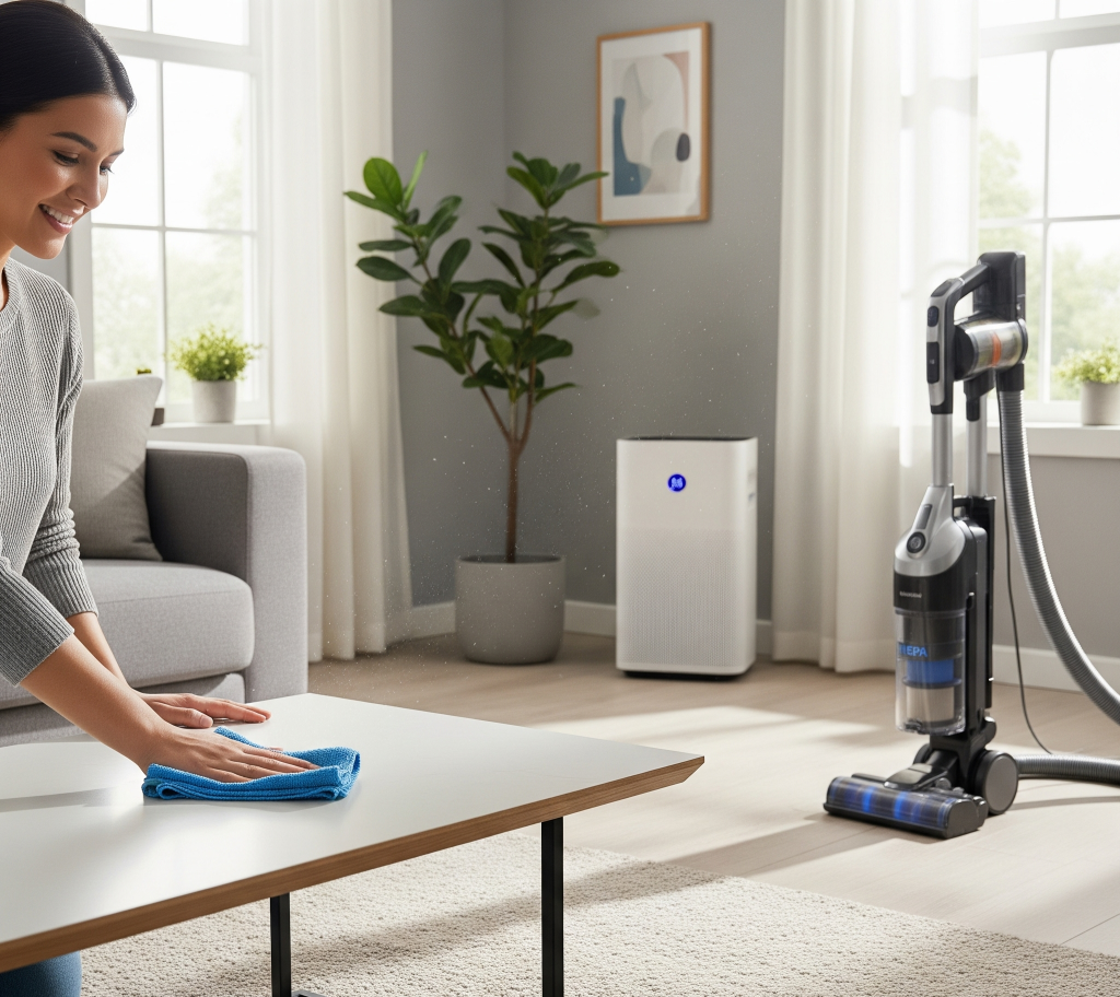 Wanita tersenyum membersihkan meja, tips rumah bebas debu dengan air purifier dan vacuum cleaner di ruang tamu yang terang.