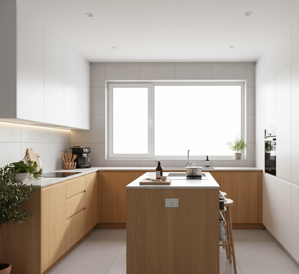 Tampilan fotorealistik dari desain dapur fungsional kontemporer, menampilkan perpaduan kabinet putih sleek dan aksen kayu terang, serta pulau dapur kompak.