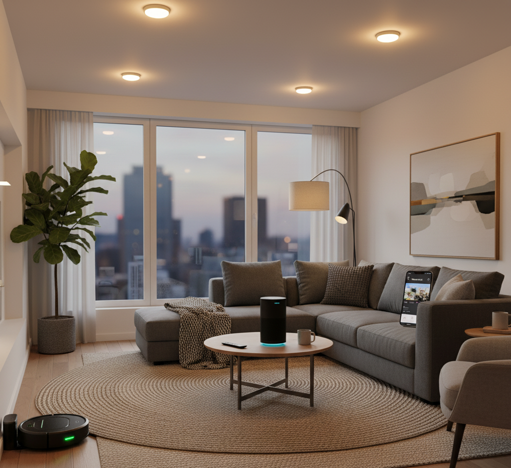 Gambar ini menunjukkan ruang tamu modern dengan berbagai perangkat smart home yang terintegrasi. Ada smart speaker di meja, pencahayaan smart yang hangat, serta smartphone dengan aplikasi smart home terbuka.