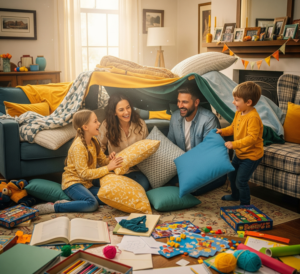 Keluarga tertawa sambil bermain bantal, merayakan liburan di rumah yang ceria.
