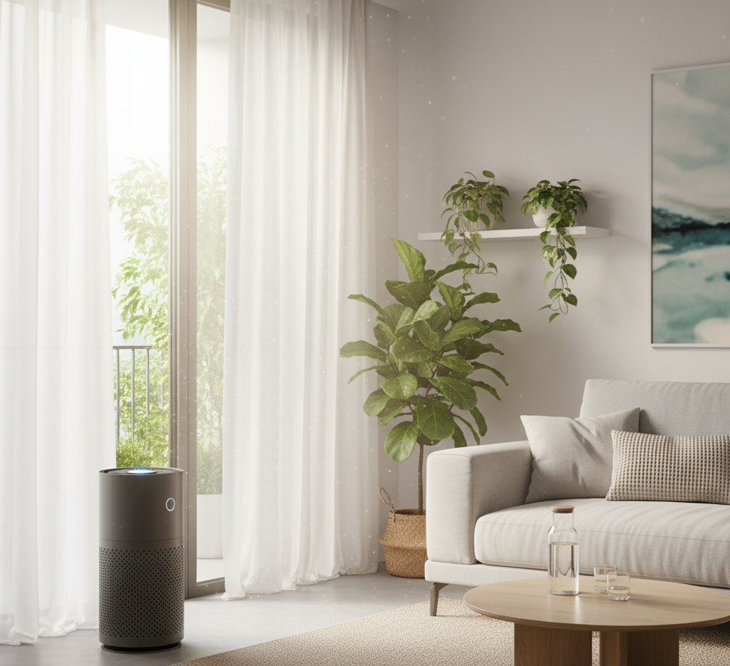 Interior ruang tamu minimalis dengan jendela terbuka dan pemurni udara aktif, menonjolkan peningkatan kualitas udara dalam ruangan.